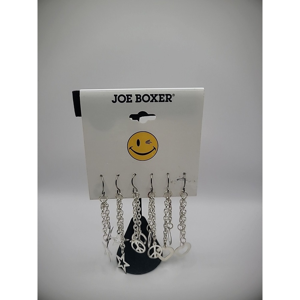 New Joe Boxer Earrings Pierced Hook Drop Dangle Silver Tone Stars Peace Hearts